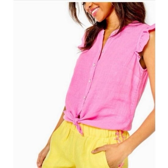 Lilly Pulitzer Briette Hot Pink Isle Ruffle Sleeve 100% Linen Top, SMALL - Picture 3 of 17